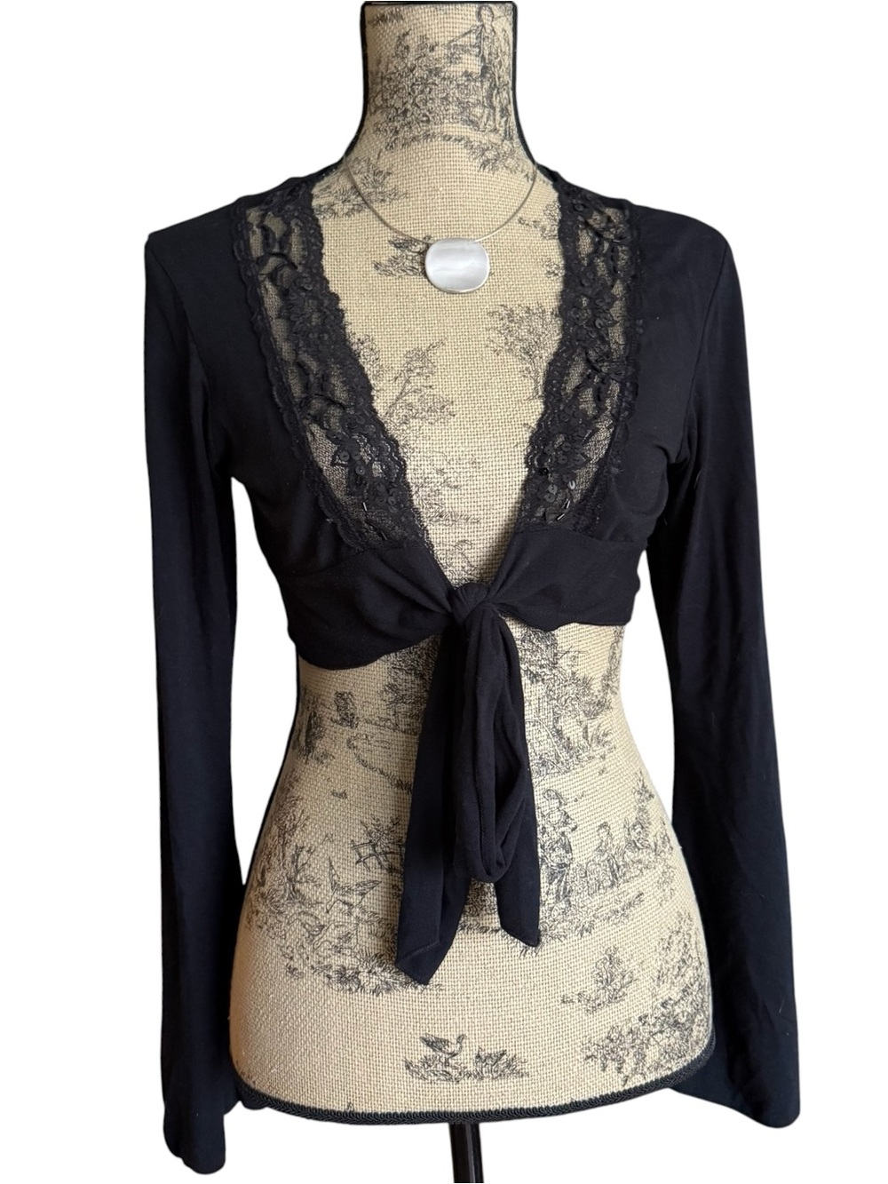 Y2K Black Lace-Trim Tie-Front Bolero Shrug with Sequins Size M